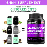 6-in-1 Organic Maca Root & Ashwagandha Capsules 1710mg w/DHEA & Black Pepper Fruit Extract - Maca Root Capsules for Women & Men - Stamina, Bone and Mood Support Supplement,120 Capsules (40 Servings)