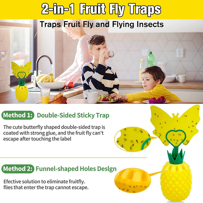 Fruit Fly Trap with Sticker, Upgrade Effective Fly Catcher Gnat Traps for Indoor with Yellow Sticky Pads, Non-Toxic Reusable Gnat Killer Fruit Fly Catcher with Bait for Home, Kitchen, Plant - 6 Pack