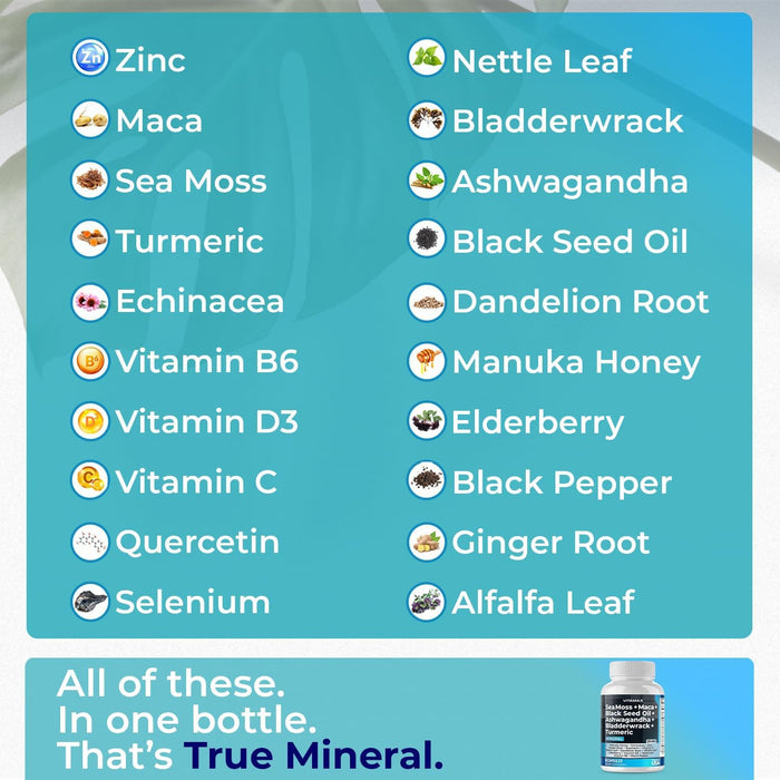 Sea Moss 3000mg Maca 2000mg Black Seed Oil 2000mg Ashwagandha 1000mg Bladderwrack 1000mg Turmeric 2000mg - Manuka Honey, Elderberry, Vitamin C & D3, Dandelion & Black Pepper - 60ct