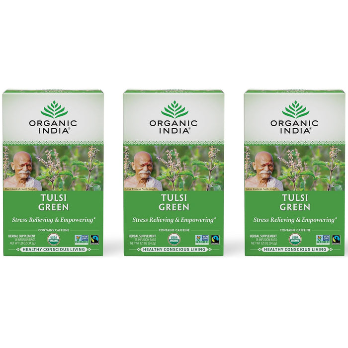 Organic India Tulsi Green Herbal Tea - Holy Basil, Vegan, USDA Certified Organic, Premium Darjeeling Green Tea, Caffeinated - 18 Infusion Bags, 3 Pack