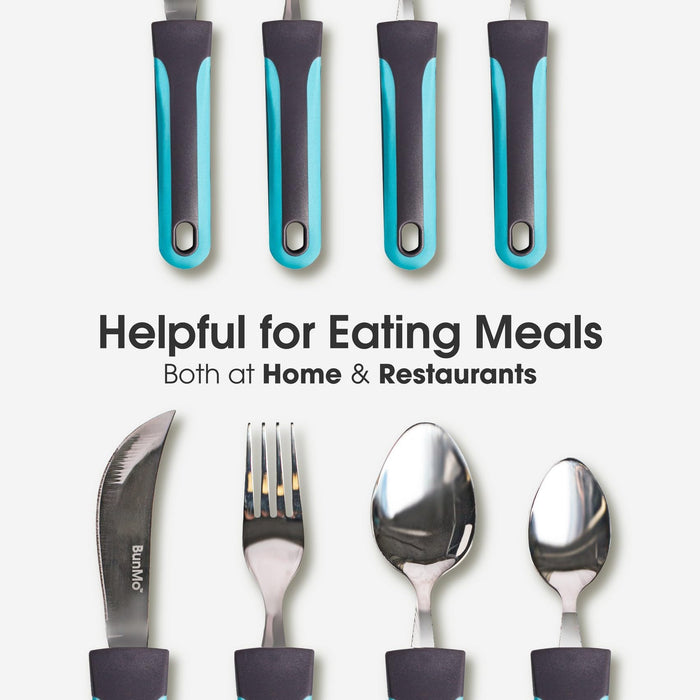 BUNMO Adaptive Utensils - Weighted Knives Forks and Spoons Silverware Set for Elderly People Disability Parkinsons Arthritis Aid Handicapped Hand Muscle Weakness Large Grip Built Up Utensils