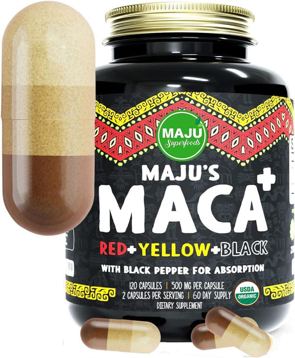 Maju Superfoods 4-in-1 Maca Root Capsules, Organic Black, Yellow & Red Roots w Black Pepper Extract for Absorption (120 ct) | Peru Product, Peruvian Powder, Men & Women Supplement, 60,000 mg