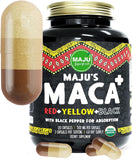 Maju Superfoods 4-in-1 Maca Root Capsules, Organic Black, Yellow & Red Roots w Black Pepper Extract for Absorption (120 ct) | Peru Product, Peruvian Powder, Men & Women Supplement, 60,000 mg