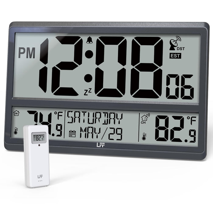 LFF Atomic Clock, Never Needs Setting, Battery Operated, Atomic Wall Clock with Indoor/Outdoor Temperature, Wireless Outdoor Sensor, Large Display Digital Calendar Clock for Elderly