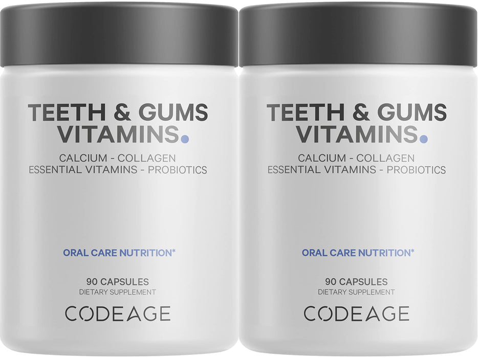 Codeage Teeth & Gums Vitamins + Oral Probiotics Supplement for Mouth - Whole Food Calcium, Collagen, Potassium, Vitamin C, D3, K2, Zinc – Oral Care & Dental Multivitamin Supplements - 2 Pack