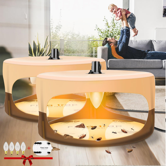 Flea Trap, Sticky Flea Traps for Inside Your Home, Odorless Non-Toxic Natural Flea Killer with 2 Glue Discs Light Bulb Pest Control for Home House Inside, Safe for Children Pet Dog Cat(2 Pack)