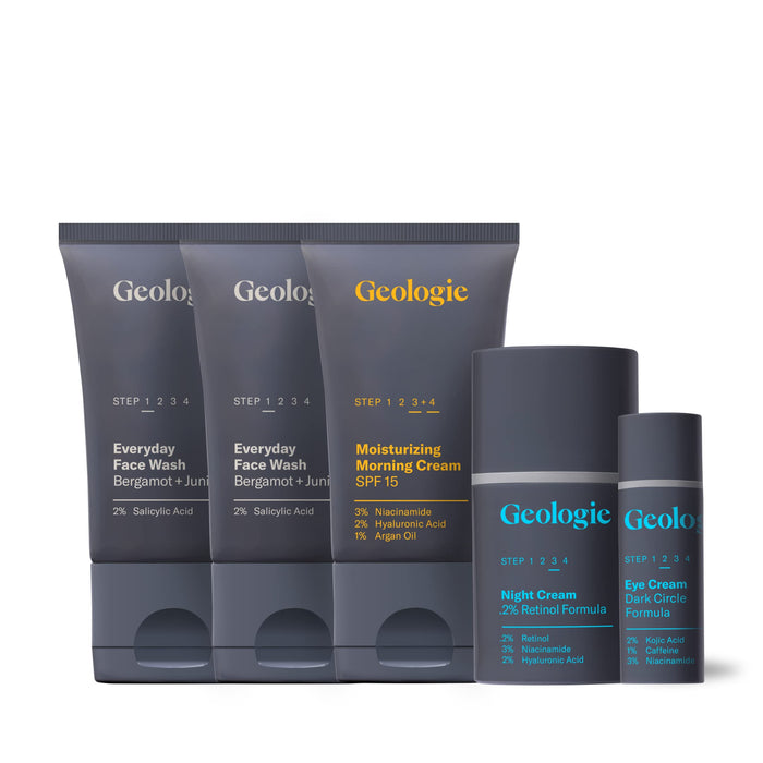 Men's Everyday Skincare Set - Simple, Powerful Ingredients That Get Results - Anti-Aging, Acne, Cleanse, Hydrate - 90 Day Routine with Face Wash, Morning Cream, Night Cream & Eye Cream - by Geologie