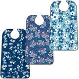 EpoBob 3 Pack Adult Bibs with Crumb Catcher, Washable and Adjustable Adult Bibs for Women Elderly Seniors, Blue Flower