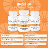 Celebrate Vitamins Iron with Vitamin C Capsules, 60 mg Iron, Bariatric Vitamins for WLS Patients Including Sleeve Gastrectomy and Gastric Bypass Surgery, 90 Count, 3 Month Supply