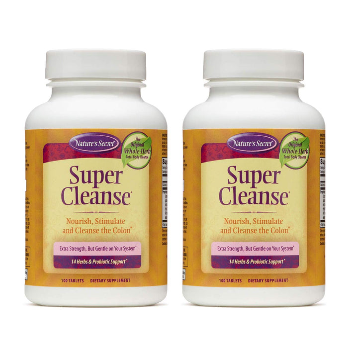 Nature's Secret Super Cleanse Extra Strength Toxin Detox & Gentle Elimination Body Cleanse, Digestive & Colon Health Support - Stimulating Blend of 14 Herbs with Probiotics - 100 Tablets (Pack of 2)
