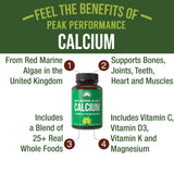 Plant Based Calcium - Red Marine Algae Calcium Supplement with Vitamin C, D3, K, Magnesium, and Whole Food Vegetable Blend. Vegan Capsules for Bones and Joints. 120 Calcium Pills, Tablets