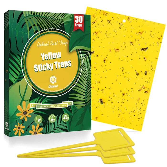 Gideal 30-Pack Dual-Sided Yellow Sticky Traps for Flying Plant Insect Such as Fungus Gnats, Whiteflies, Aphids, Leafminers,Thrips - (6x8 Inches, Included 30pcs Twist Ties)