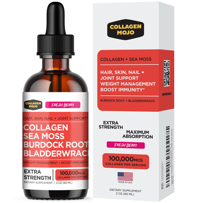 Collagen Mojo Liquid Collagen Peptides with Sea Moss, Burdock Root & Bladderwrack - High Potency/Absorption Formula. Hair, Skin, Nail + Joint Support. Weight Management & Immunity Booster 2 Oz.