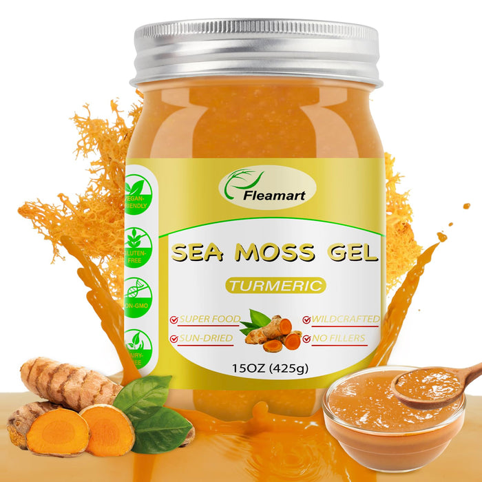 15OZ Natural Organic Wildcrafted Raw Sea Moss Gel for Immune Support, Healthy Digestion, Thyroid Support Wildсrafted Gold Sea Moss Gel Rich in Minerals, Proteins & Vitamins, Turmeric Flavor