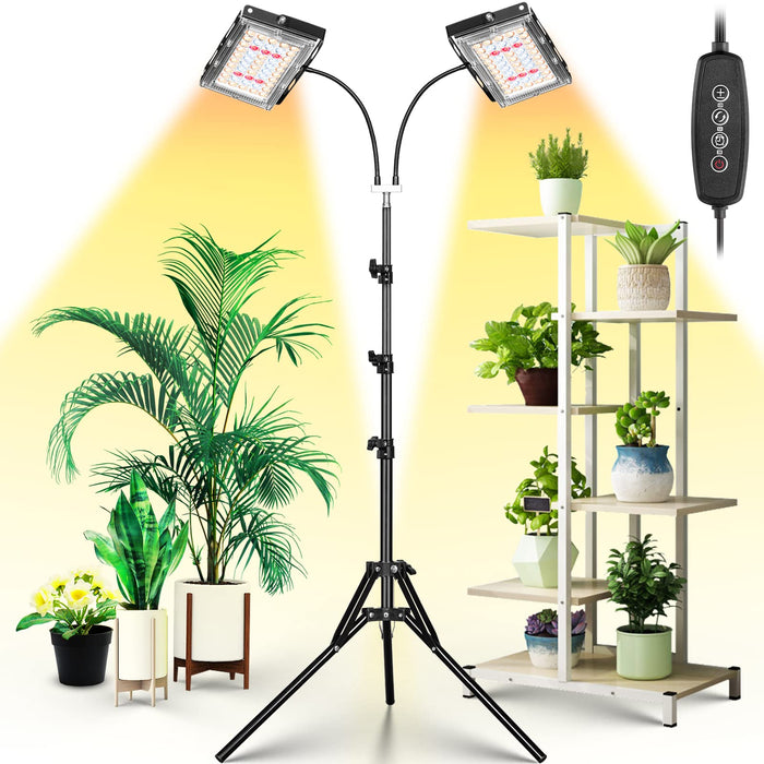 LBW Grow Light for Indoor Plants, Dual Heads Full Spectrum 200W LED, Auto On/Off Timer, 6 Dimmable Levels, 3 Switch Modes, Adjustable Tripod Stand 15-63 inches