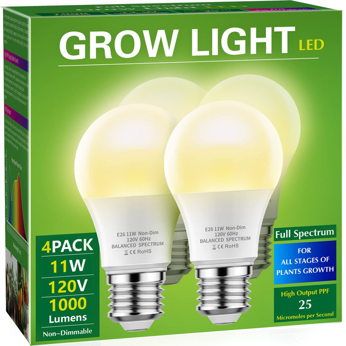 Briignite 4 Pack Grow Light Bulbs, LED White Bulb A19 Bulb, Full Spectrum Plant Bulbs E26 Base, 11W 100W Equivalent, for Indoor Plants, Seed Starting