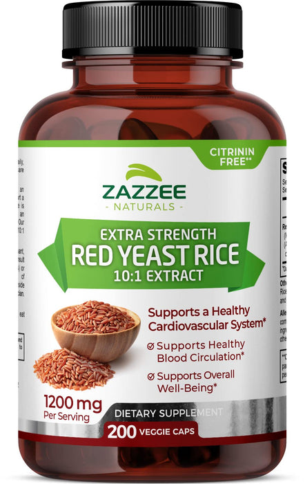 Zazzee Extra Strength Red Yeast Rice 10:1 Extract, 1200 mg, Citrinin Free, 200 Vegan Capsules, Over 3 Month Supply, Concentrated and Standardized 10X Extract, 100% Vegetarian, All-Natural and Non-GMO