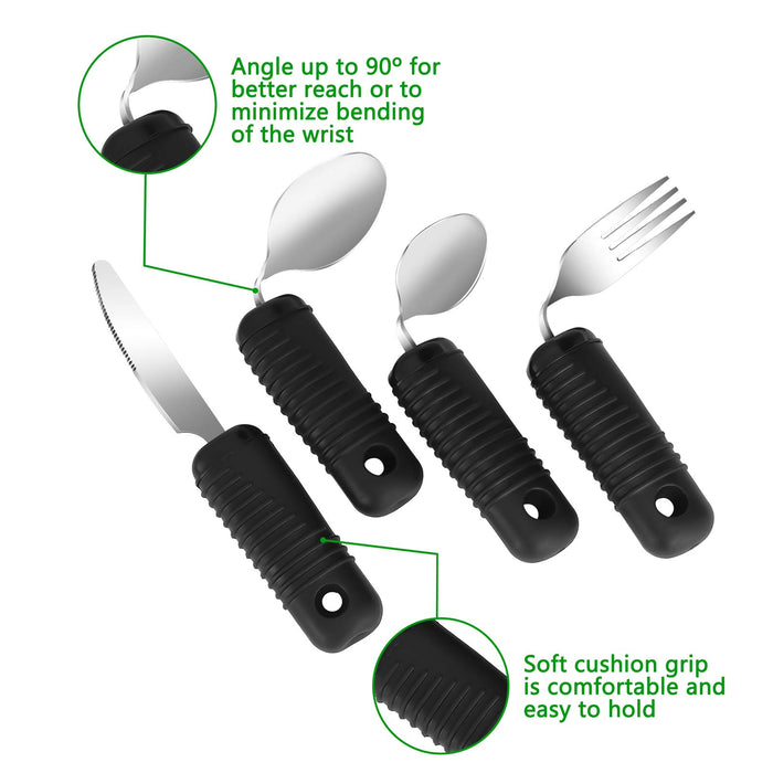 YPC Adaptive Utensils,Easy Grip Silverware,Built Up Bendable Fork,Teaspoon,Tablespoon and Knife for Tremors,Adults,Elderly,Arthritis and Parkinsons,4 Piece Set