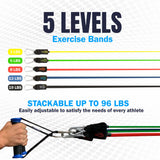 Bodylastics Resistance Bands Set With Handles, Ankle Straps, Door Anchor & Carry Bag - Heavy-Duty Exercise Bands With Patented Clips & Snap Reduction (3-96LBS Assorted)