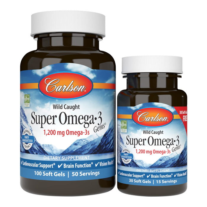 Carlson - Super Omega-3 Gems, 1200 mg Omega-3 Fatty Acids with EPA and DHA, Wild-Caught Norwegian Fish Oil Omega 3 Supplement, Sustainably Sourced Omega 3 Fish Oil, 100+30 Softgels