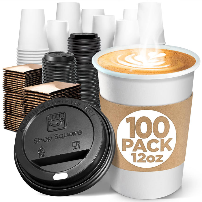 Shop Square 12 Oz Disposable Coffee Cups with Lids and Sleeves for Insulation (100 Pack) - To Go Paper White Coffee Cups for Travel, Hot Beverage Cups for Coffee, Tea, Hot Chocolate for Winter