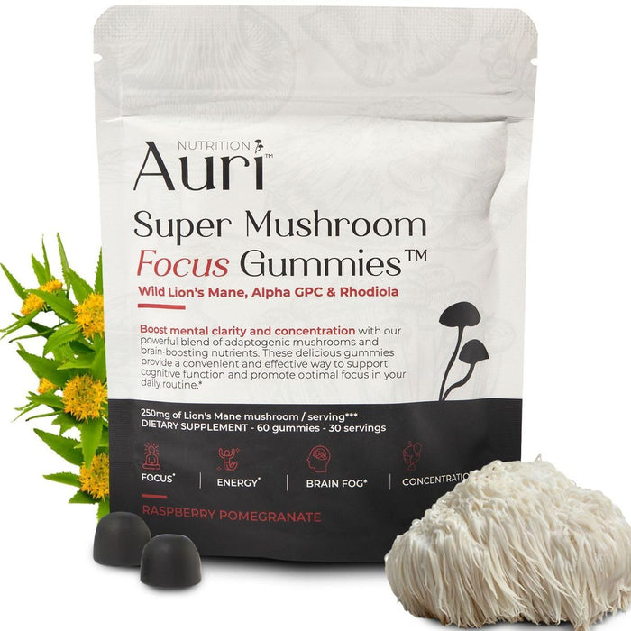 Auri Super Mushroom Focus Gummies - w/Lion's Mane, Alpha GPC & Rhodiola - Mushrooom Supplement to Support Cognitive Function, Mental Clarity, Focus & Energy | 60 Gummies, Vegan Friendly, Non GMOs