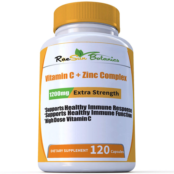 RaeSun Botanics High Dose Vitamin C + Zinc Complex for Immune Support Health 120 Capsule 2 Month Supply Vegetable Capsule by RaeSun Botanics