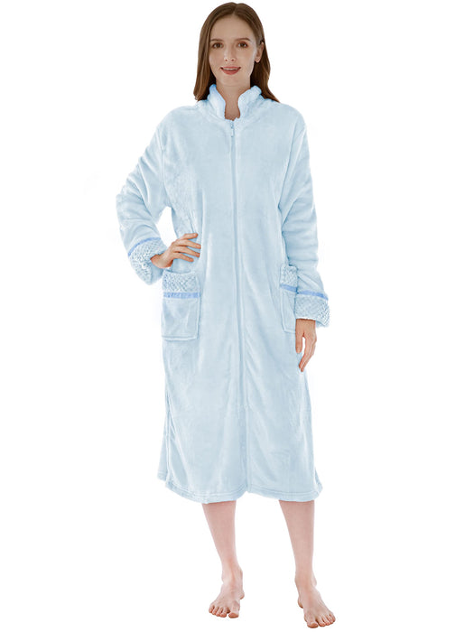 PAVILIA Womens Housecoat Zip Robe, Fleece Zip Up Front Robe Bathrobe, Plush Warm Zipper House Coat Lounger for Women Ladies Elderly with Satin Trim, Pockets, Long - Light Blue (Small/Medium)