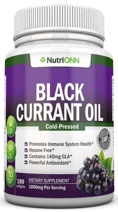 Black Currant Oil - 1000 Mg - 180 Softgels - Cold-Pressed Pure Black Currant Seed Oil - Hexane Free - 140mg GLA Per Serving - Regulates Hormonal Balance - Great for Immune System, Hair and Skin