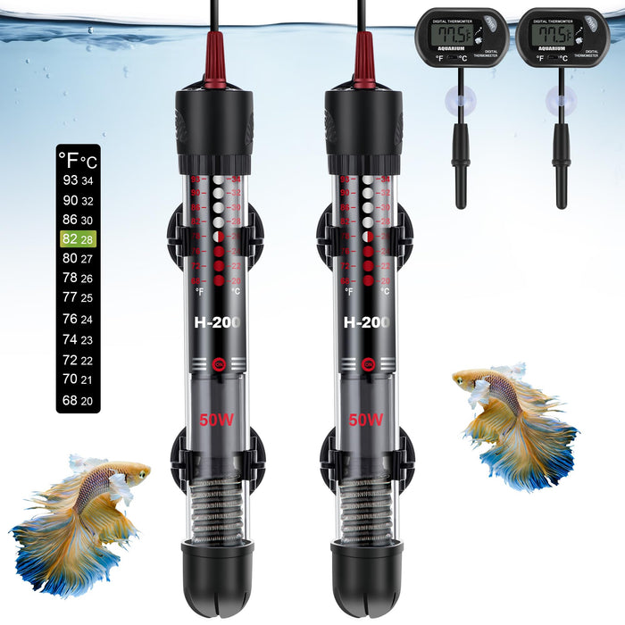 Dreyoo 2 Set 50W Aquarium Fish Tank Heater, Submersible Aquarium Heater with Thermometers and Suckers, Adjustable Knob Aquarium Water Heater Built-in Thermostat for 5-15 Gallon Aquariums