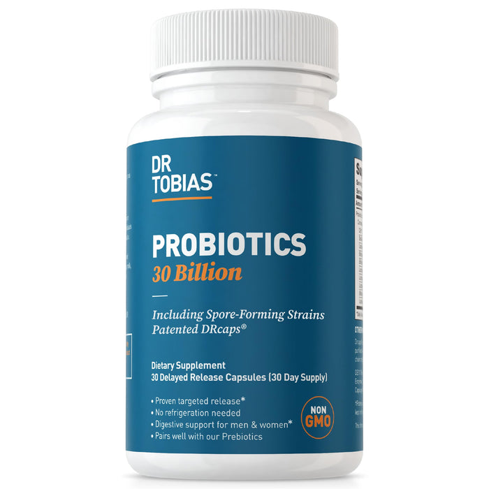 Dr. Tobias Probiotics 30 Billion, 10 Strains, 30 Billion CFU's, Targeted Release Probiotics for Digestive Health, Shelf-Stable Probiotics for Women & Men, Non-GMO, 30 Capsules, 30 Servings