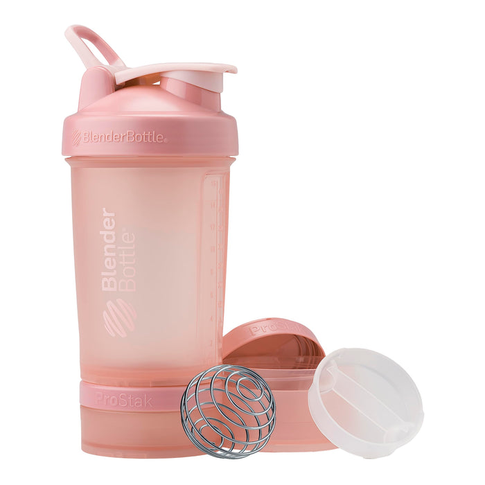 BlenderBottle Shaker Bottle with Pill Organizer and Storage for Protein Powder, ProStak System, 22-Ounce, Rose Pink