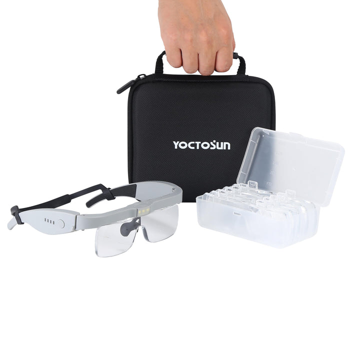 YOCTOSUN Head Magnifier Glasses with 3 LED Lights, Storage Case, Head Strap and 5 Detachable Lenses 0.75X,1.25X,2.0X,3.0X 4.0X, Hands Free Magnifying Glass for Close Work, Hobby & Crafts