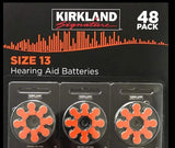 Kirkland Signature Premium Quality Hearing Aid Batteries 48 pack 1.45 Volt Mercury Free Various Sizes (Size 13)