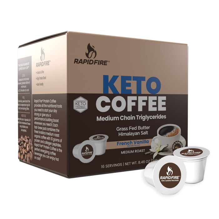 Rapidfire French Vanilla Ketogenic High Performance Keto Coffee Pods, Supports Energy & Metabolism, Weight Loss, 16 Single Serve K Cup Pods, Brown, French Vanilla, 16.0 Count