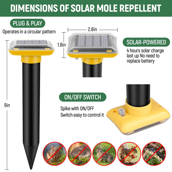 Solar Mole Repellent Ultrasonic,2024 Newest Mole Vole Gopher Repellent Outdoor Solar Powered,Waterproof Mole Killer Traps for Yard, Effectively Repels Garden and Yard Voles,Snakes,Gophers (Yellow-2pc)