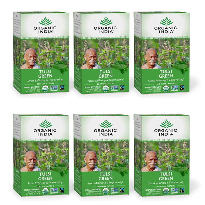 Organic India Tulsi Green Herbal Tea - Stress Relieving & Balancing, Immune Support, Adaptogen, Vegan, USDA Certified Organic, Caffeine-Free - 18 Infusion Bags, 6 Pack
