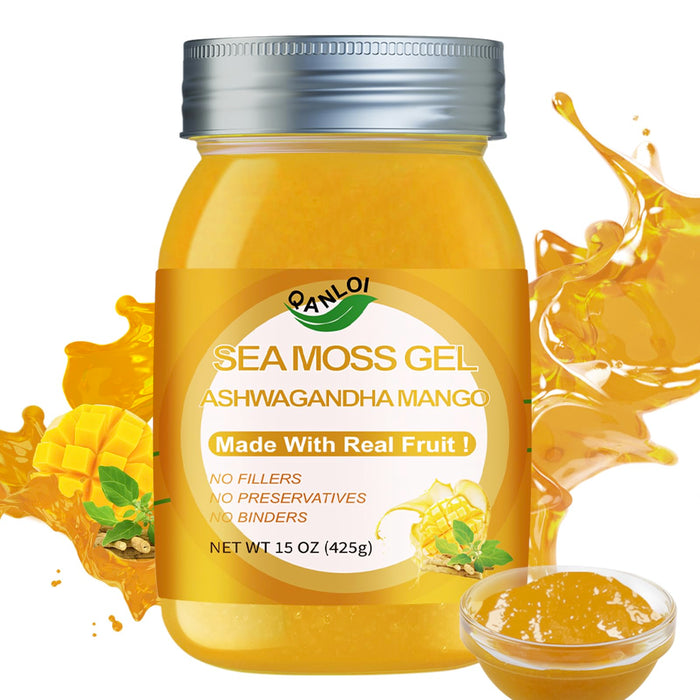 QANLOI Seamoss Raw Organic Gel,Organic Seamoss with Irish Sea Moss,Sea Moss Supplement-Immune Support-15OZ Sea Moss Advanced (Ashwagandha Mango)