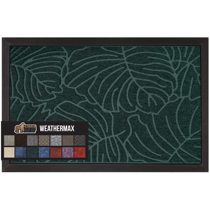 Gorilla Grip 100% Waterproof All-Season WeatherMax Doormat, Durable Natural Rubber, Stain and Fade Resistant, Low Profile, Indoor Outdoor Door Mats, Easy Clean Patio Entrance Mat, 17x29, Green Palm