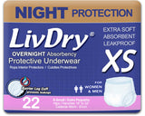 LivDry Adult XS Incontinence Underwear, Overnight Comfort Absorbency, Leak Protection, X-Small, 22-Pack