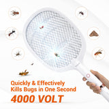 YsChois Electric Fly Swatter Racket, Rechargeable Fly Zapper - 4000 Volt, Exclusive 2-in-1 Bug Zapper Racket - USB Charging, 1800mAh Li-Battery, Indoor & Outdoor Use, White