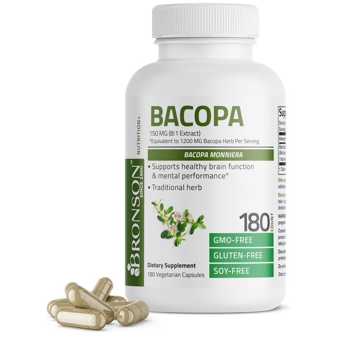 Bronson Bacopa (1200mg Equivalent from 8:1 Extract) Supports Healthy Brain Function and Mental Performance, Traditional Herb, Non-GMO, 180 Vegetarian Capsules