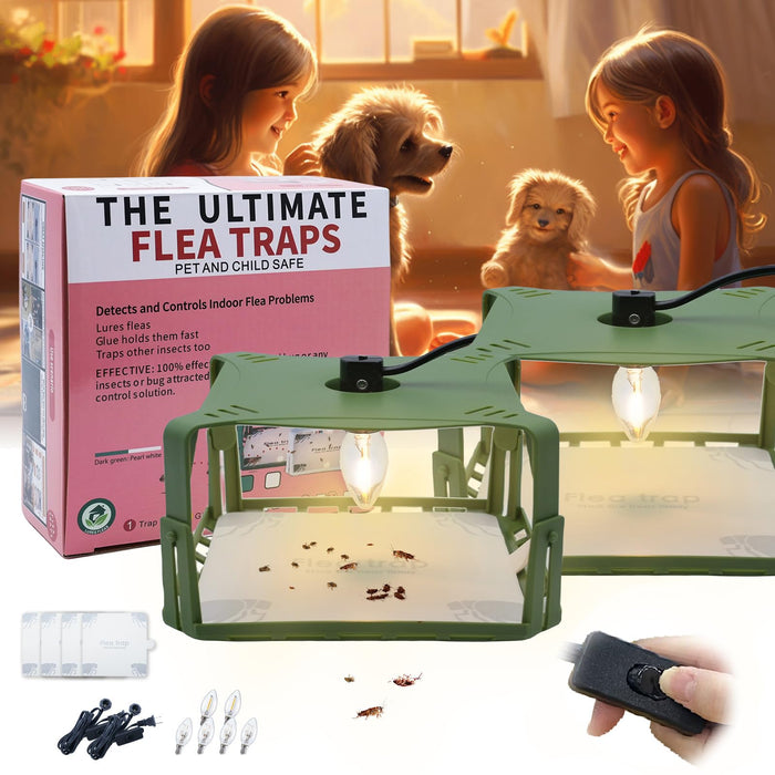 Flea Traps for Inside Your Home, Flea Killer Trap Indoor Natural Safe Pest Control Trapper House Sticky Insect Killer with Light & Switch Bed Bug Trap, Safe for Kid & Pet, 2 Packs Green