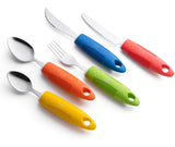 Special Supplies Adaptive Utensils(5-Piece Kitchen Set) Wide, Non-Weighted, Non-Slip Handles for Hand Tremors, Arthritis, Parkinson’s or Elderly Use - Stainless Steel Knives, Fork, Spoons - Multicolor