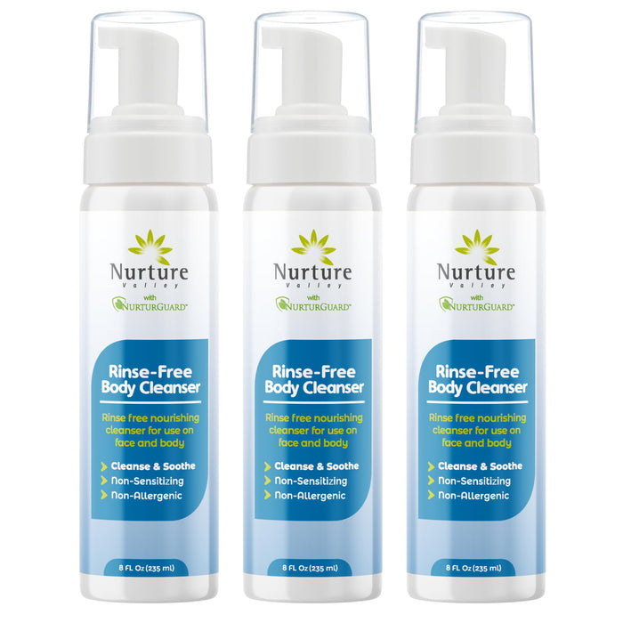 Nurture Rinse Free Foaming Cleanser | Waterless Shower & Bath Wash w/Aloe for Sensitive Dry Skin | Women, Camping, Elderly & Hospital Patients | Perineal Cleansing Foam, Hand & Body Soap 3 Pk
