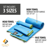 OlimpiaFit Quick Dry Towel - 3 Size Pack of Lightweight Microfiber Travel Towels w/Bag - Fast Drying Towel Set for Camping, Beach, Gym, Backpacking, Sports, Yoga & Swim Use﻿