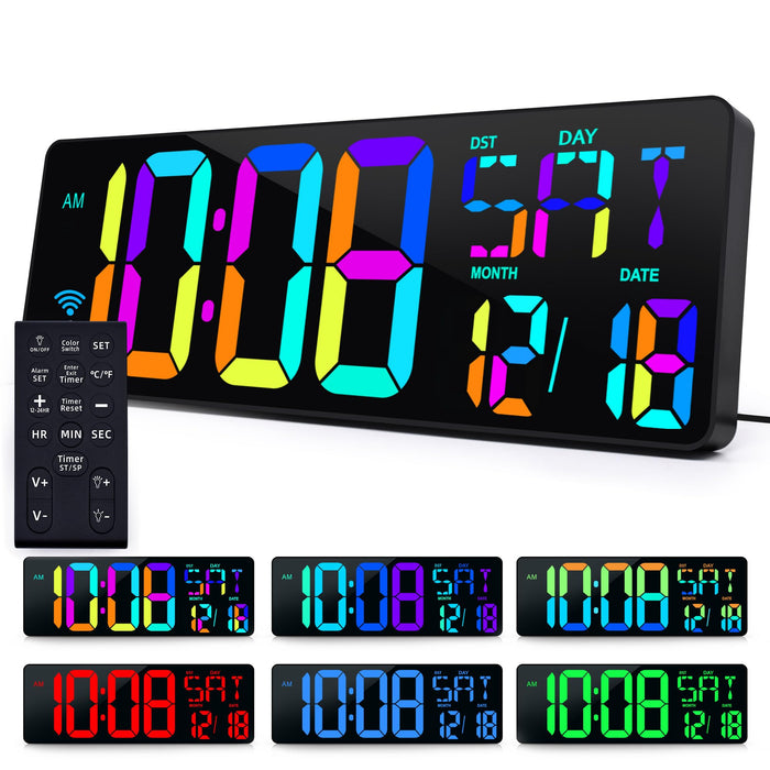 TXL Large 16.5" LED Digital Wall Clock, RGB Color Changing, Count Up/Down Timer Clock with Remote Control, Adjustable Brightness Alarm Clock for Home, Office, Gym, Elderly, Auto DST