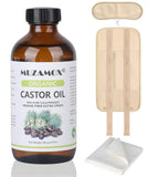 MUZAMOX Organic Castor Oil Cold Pressed Glass Bottle (4fl.oz/118ml), Castor Oil Pack Wrap Organic Cotton for Liver Detox and Organic Flannel Cloth for Castor Oil Pack