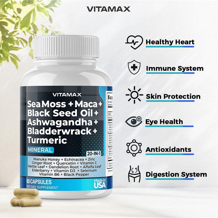 Sea Moss 3000mg Maca 2000mg Black Seed Oil 2000mg Ashwagandha 1000mg Bladderwrack 1000mg Turmeric 2000mg - Manuka Honey, Elderberry, Vitamin C & D3, Dandelion & Black Pepper - 60ct