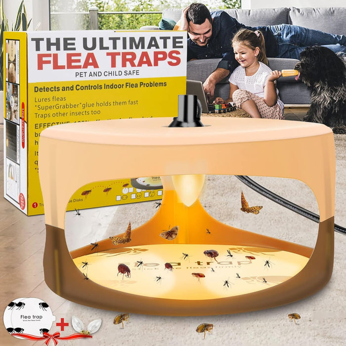 Flea Trap, Indoor Sticky Flea Trap with 2 Glue Discs Odorless Non-Toxic Natural Flea Killer Trap Pad Bed Bug Trap Light Bulb Pest Control for Home House Inside, Safe for Children Pet Dog Cat 1 Pack